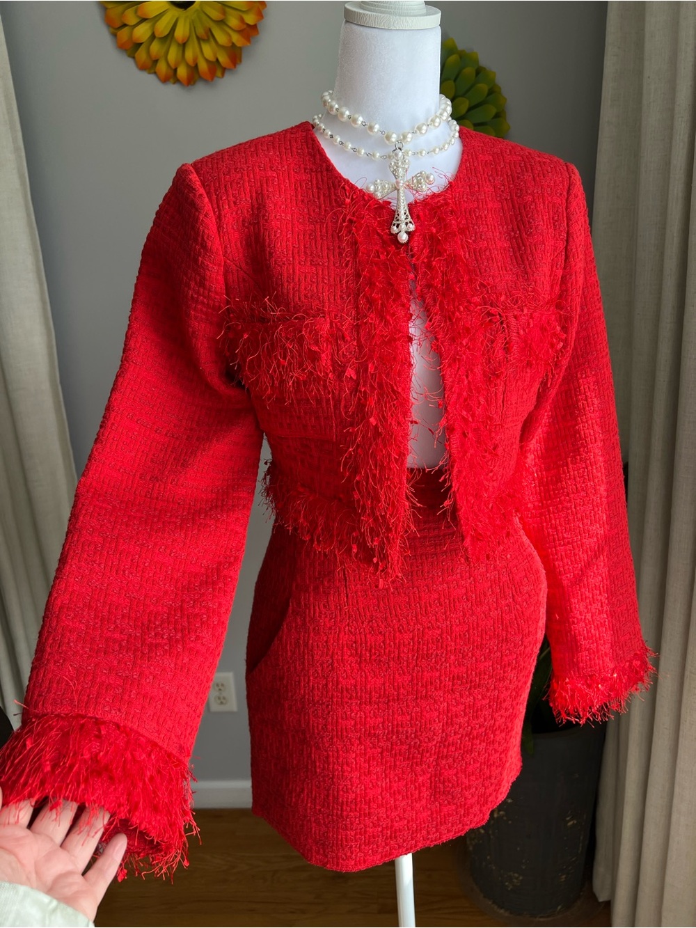 Endless Rose Red Feather Trim Tweed Crop Blazer & Mini Skirt Set Size Small $235 - Picture 6 of 16